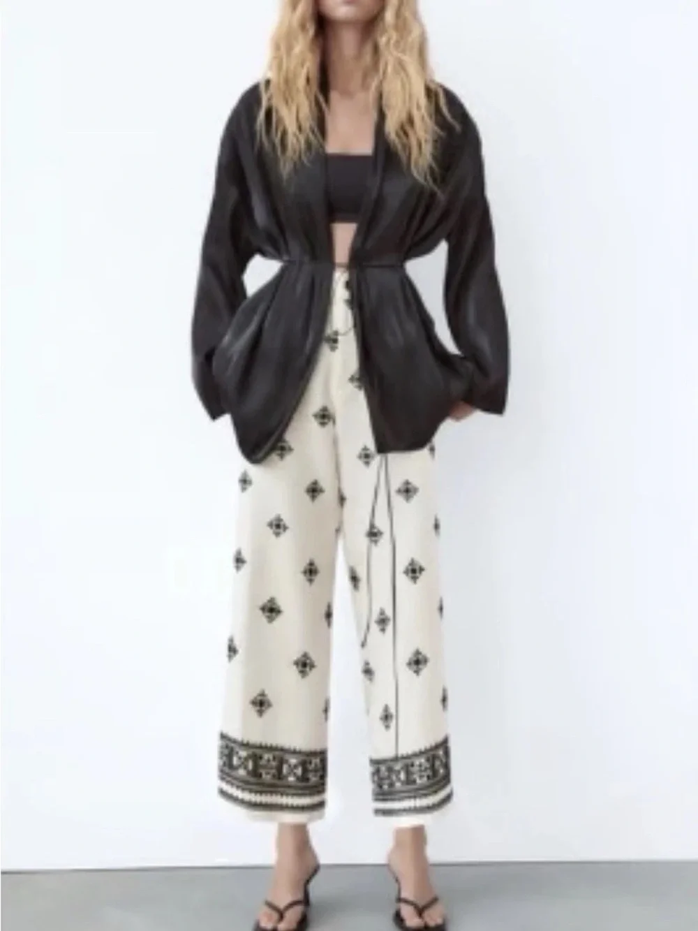 ZARA LINEN BLEND EMBROIDERED PANTS Ivory/ Black Size Large